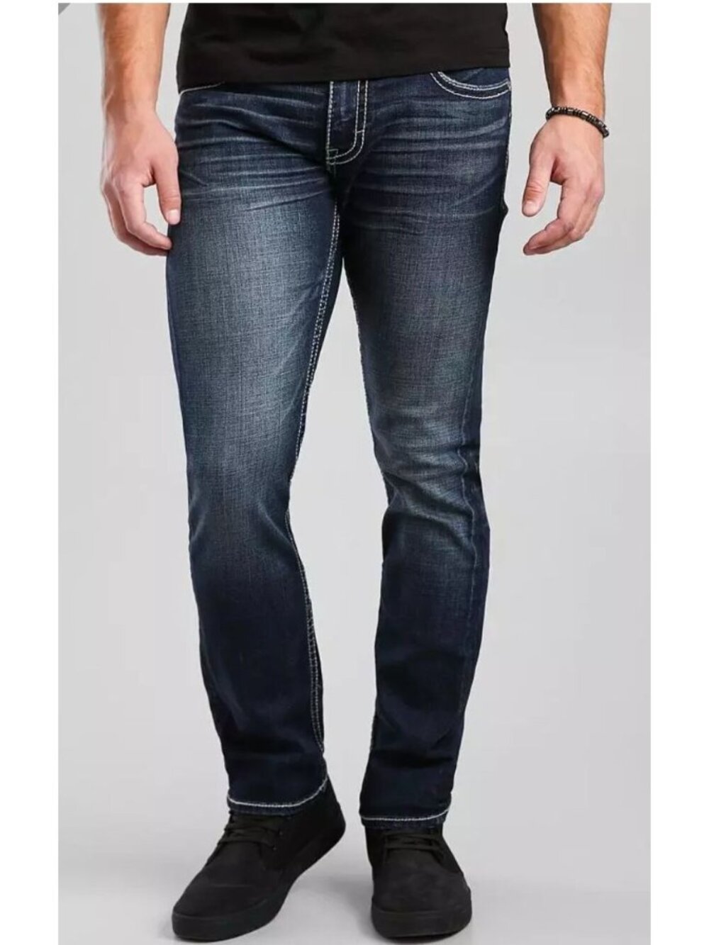 BKE Carter Mens 30 Straight Jeans Dark Wash Stretch Denim Thick Stitch Preppy